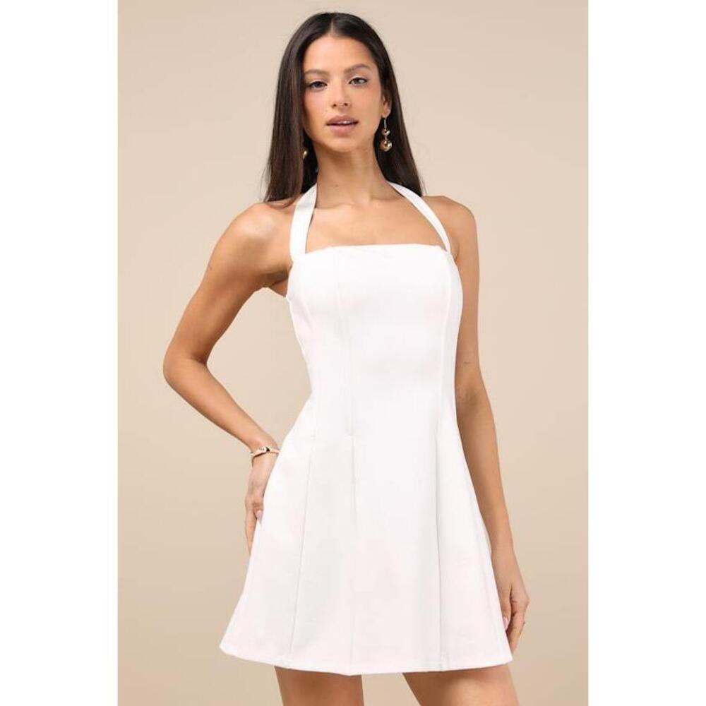 Lulus Sariah White Ponte Knit Halter Mini Dress
